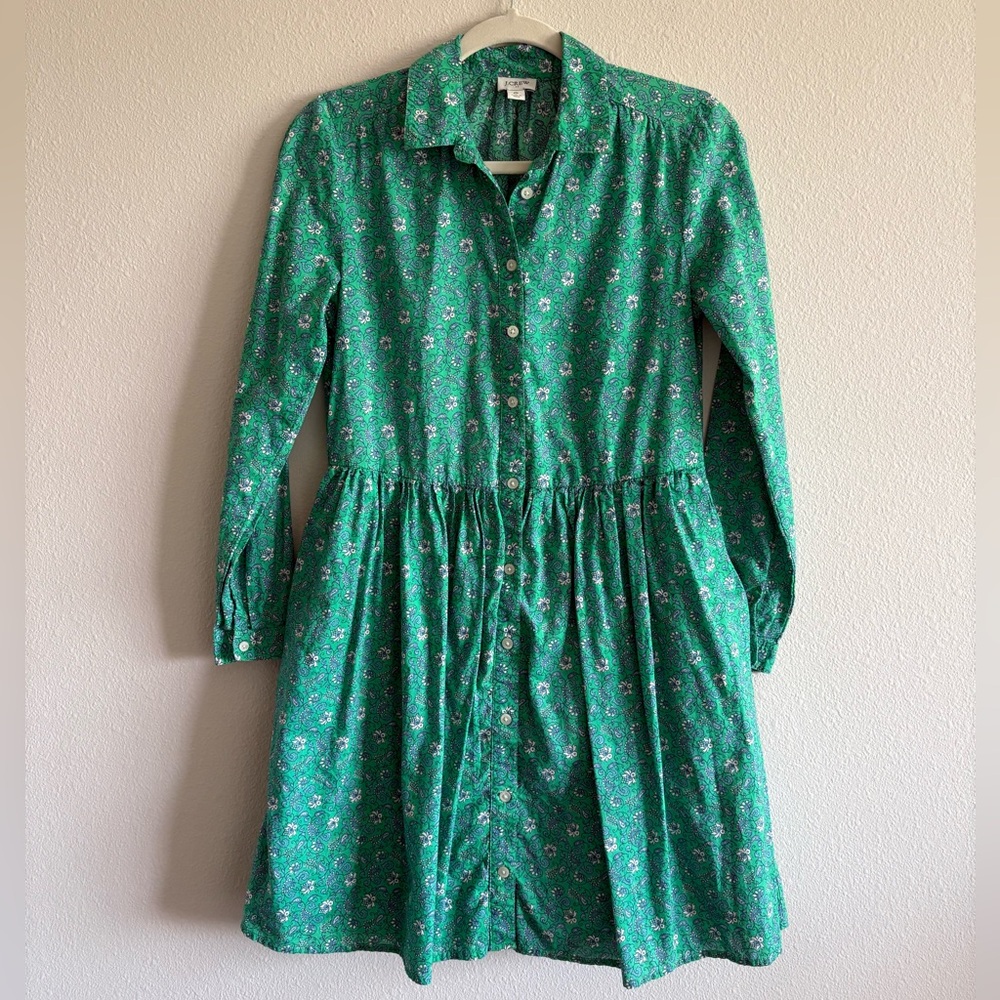 J. Crew Factory Printed Cotton Mini Shirtdress Sundress Women’s 0 Green BF854 - Picture 2 of 8
